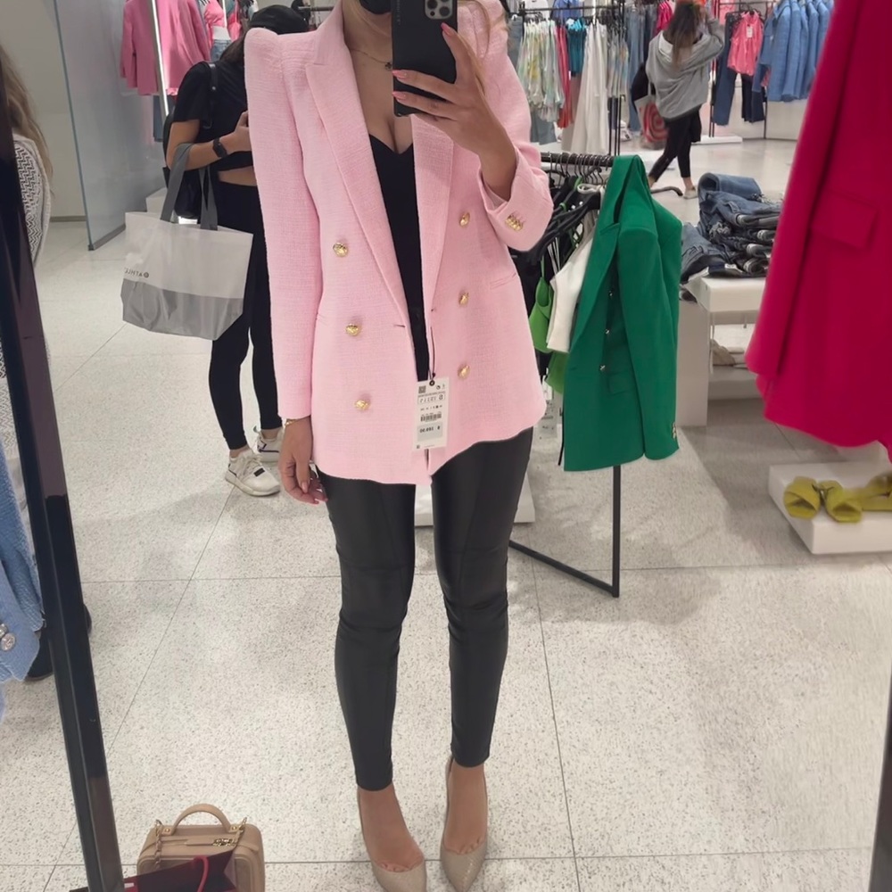Zara buttoned textured weave blazer pastel pink size S - Picture 2 of 2